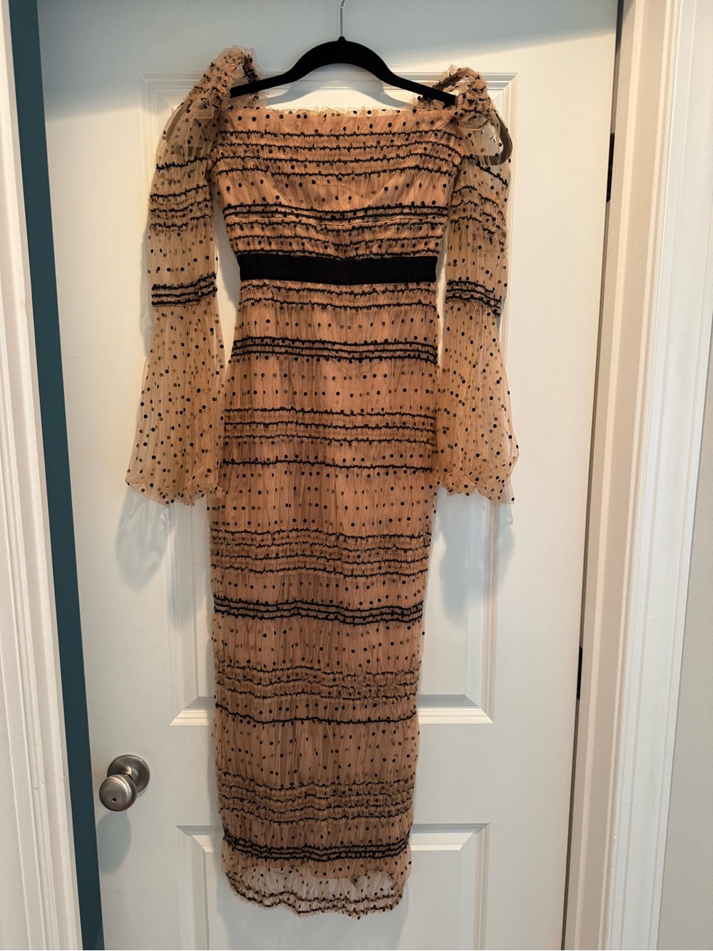 Self-Portrait Beige and Black Smocked Off-Shoulder Maxi Dress
